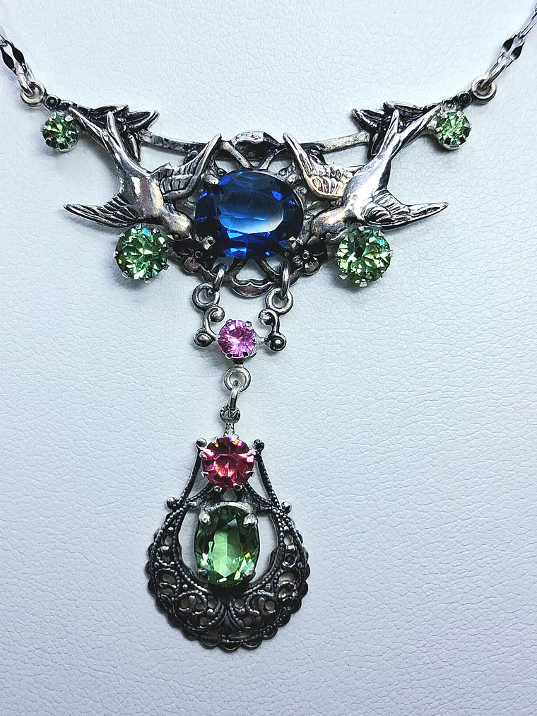 Art Nouveau inspired lovebirds and RARE Sapphire blue Uranium glass -        #Bn062 7