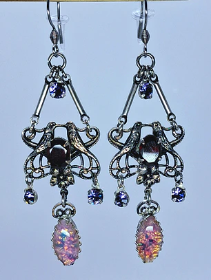 Beautiful Victorian  Garnet and Tanzanite, Lovebird earrings -      #Be063
