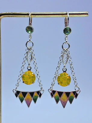 Amazing Art Deco, Glass enamel and Uranium glass earrings -         #Be065