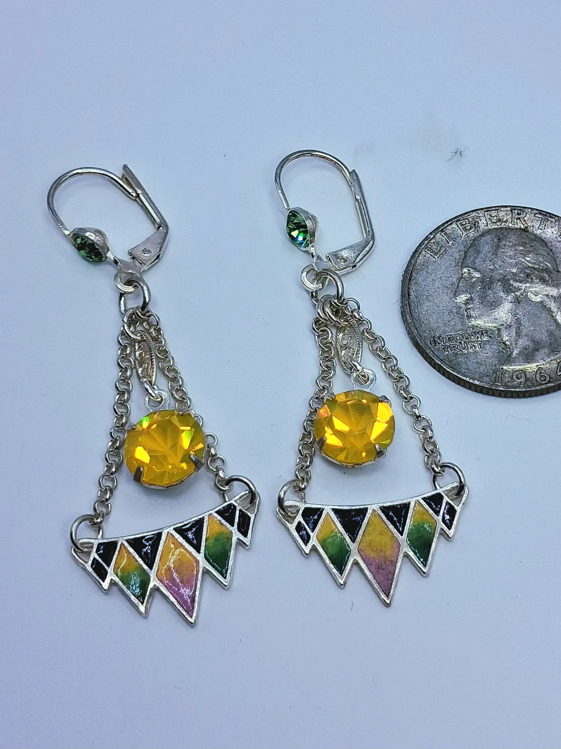 Amazing Art Deco, Glass enamel and Uranium glass earrings -         #Be065 2