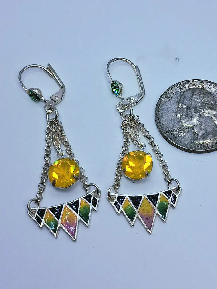 Amazing Art Deco, Glass enamel and Uranium glass earrings -         #Be065 2