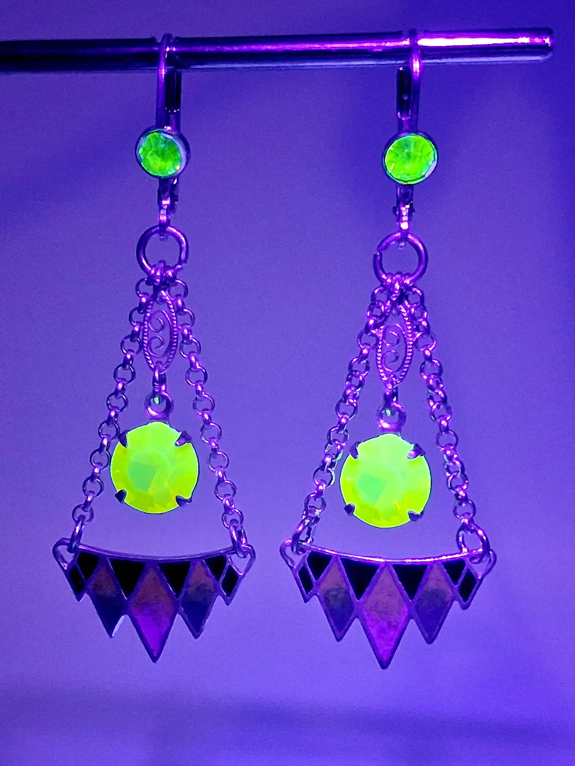 Amazing Art Deco, Glass enamel and Uranium glass earrings -         #Be065 3