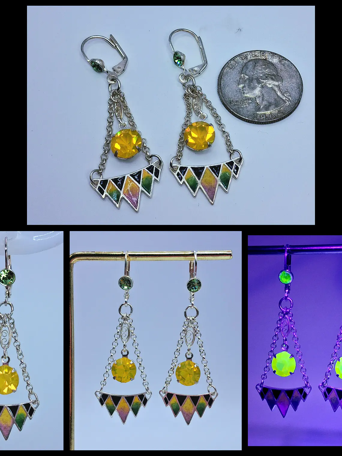 Amazing Art Deco, Glass enamel and Uranium glass earrings -         #Be065 5