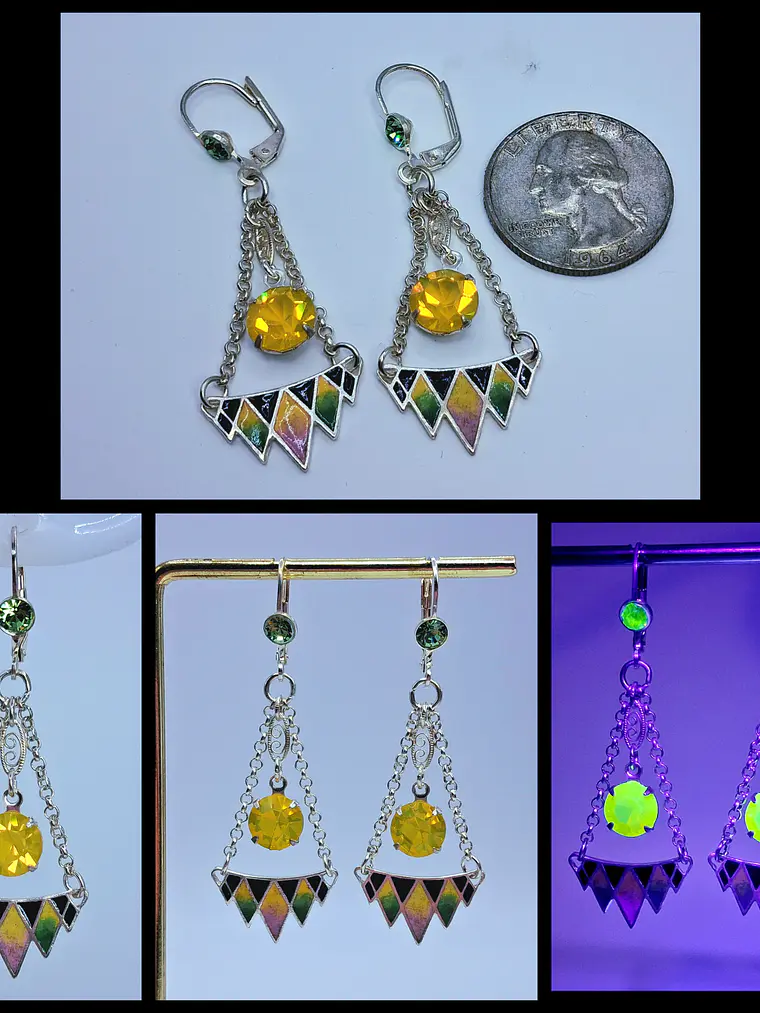 Amazing Art Deco, Glass enamel and Uranium glass earrings -         #Be065 5