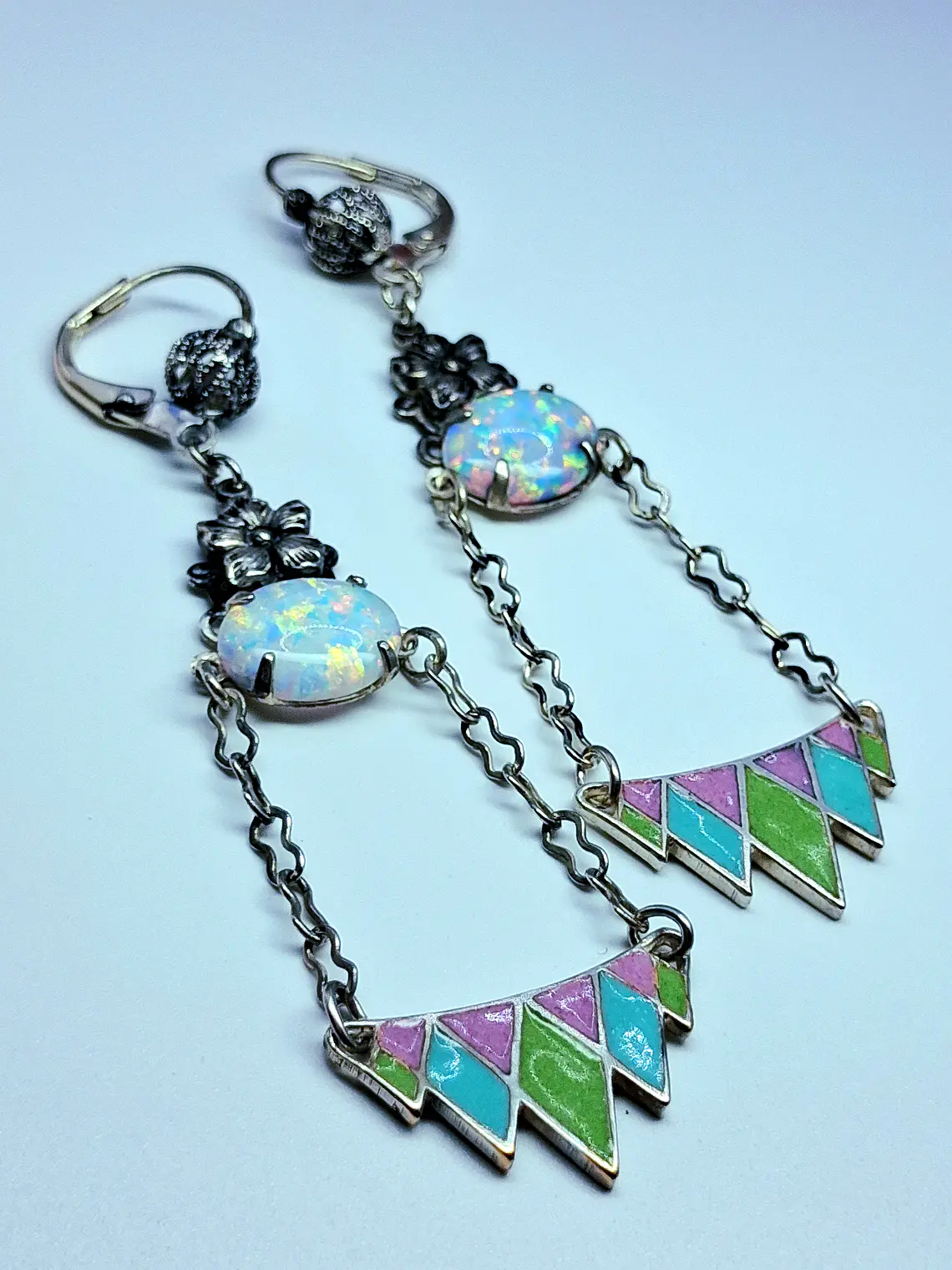 Beautiful floral glass enamel and Opal earrings -       #Be066 1