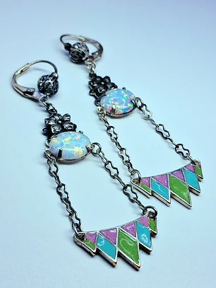 Beautiful floral glass enamel and Opal earrings -       #Be066