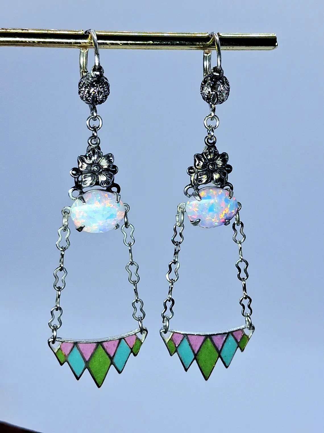 Beautiful floral glass enamel and Opal earrings -       #Be066 4