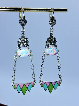 Beautiful floral glass enamel and Opal earrings -       #Be066