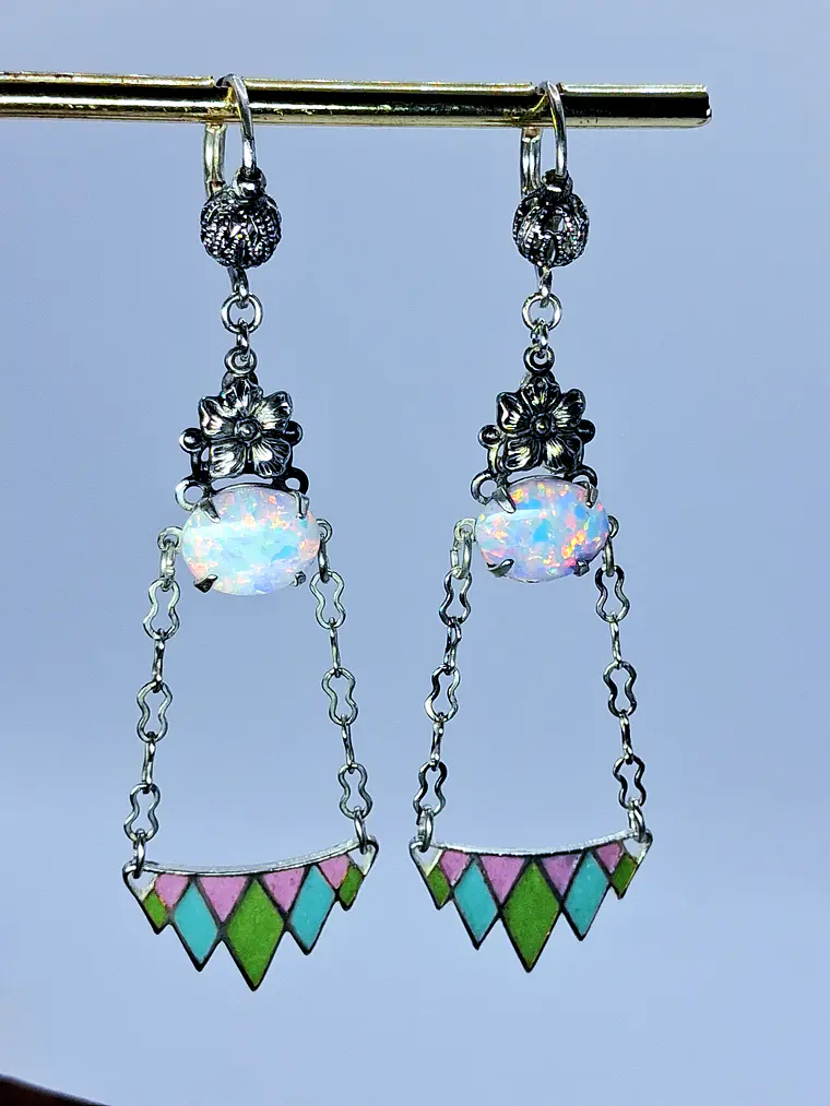 Beautiful floral glass enamel and Opal earrings -       #Be066 4