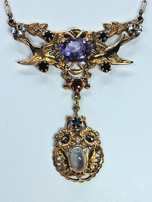 Lovely Amethyst, sapphire and moonstone Victorian Lovebirds necklace -        #Bn068