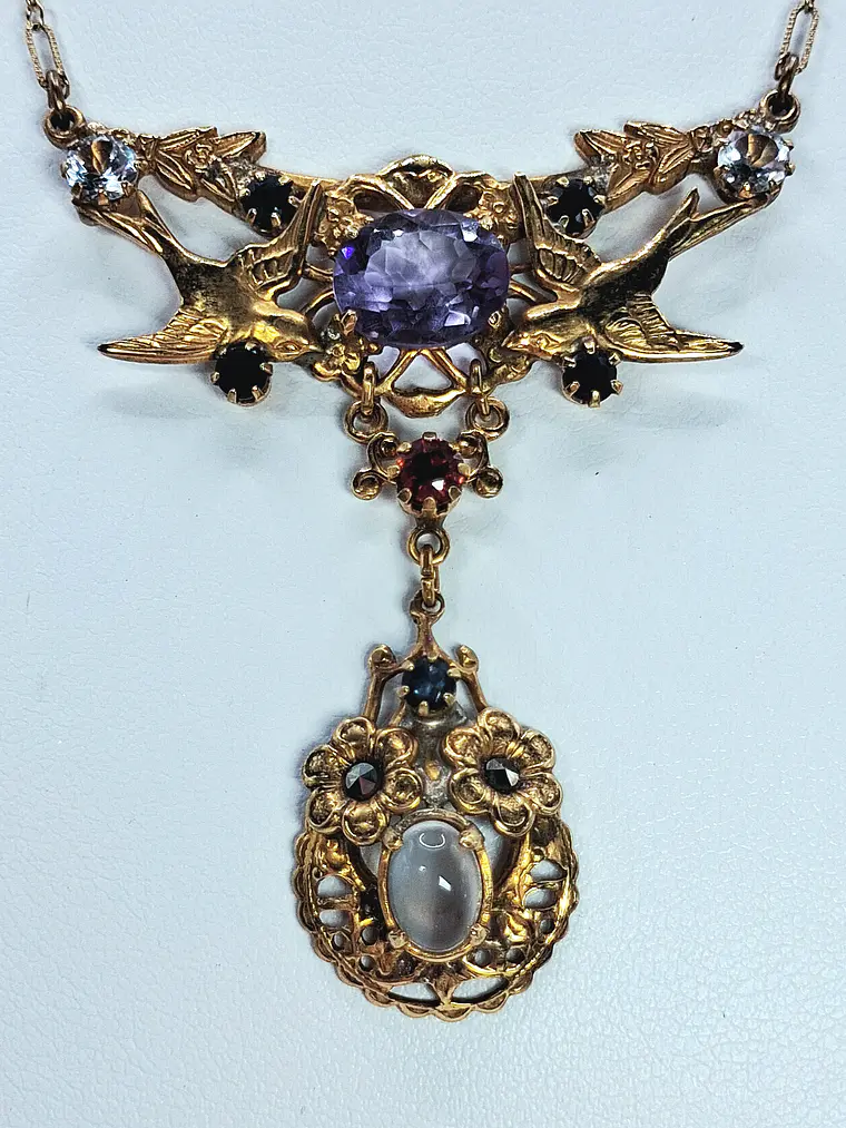 Lovely Amethyst, sapphire and moonstone Victorian Lovebirds necklace -        #Bn068 2