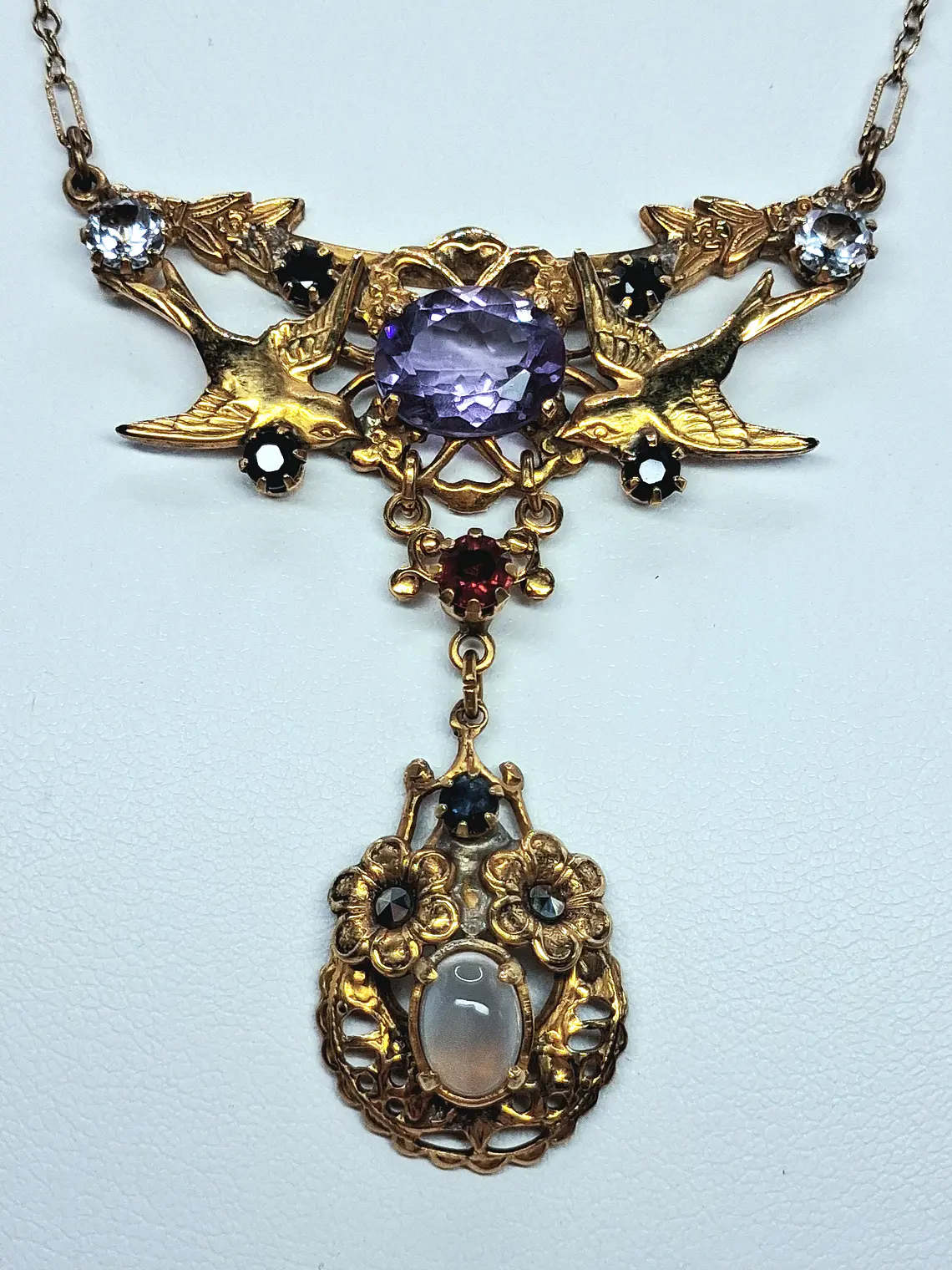 Lovely Amethyst, sapphire and moonstone Victorian Lovebirds necklace -        #Bn068 1