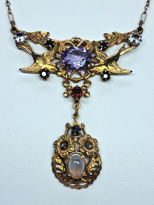 Lovely Amethyst, sapphire and moonstone Victorian Lovebirds necklace -        #Bn068