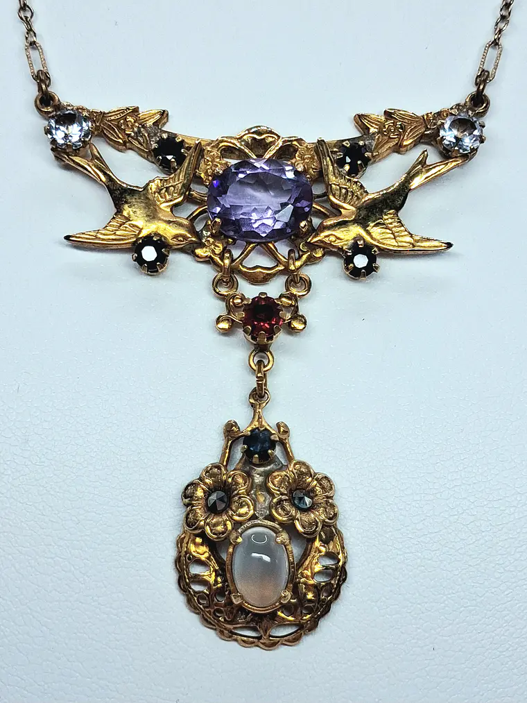 Lovely Amethyst, sapphire and moonstone Victorian Lovebirds necklace -        #Bn068 1