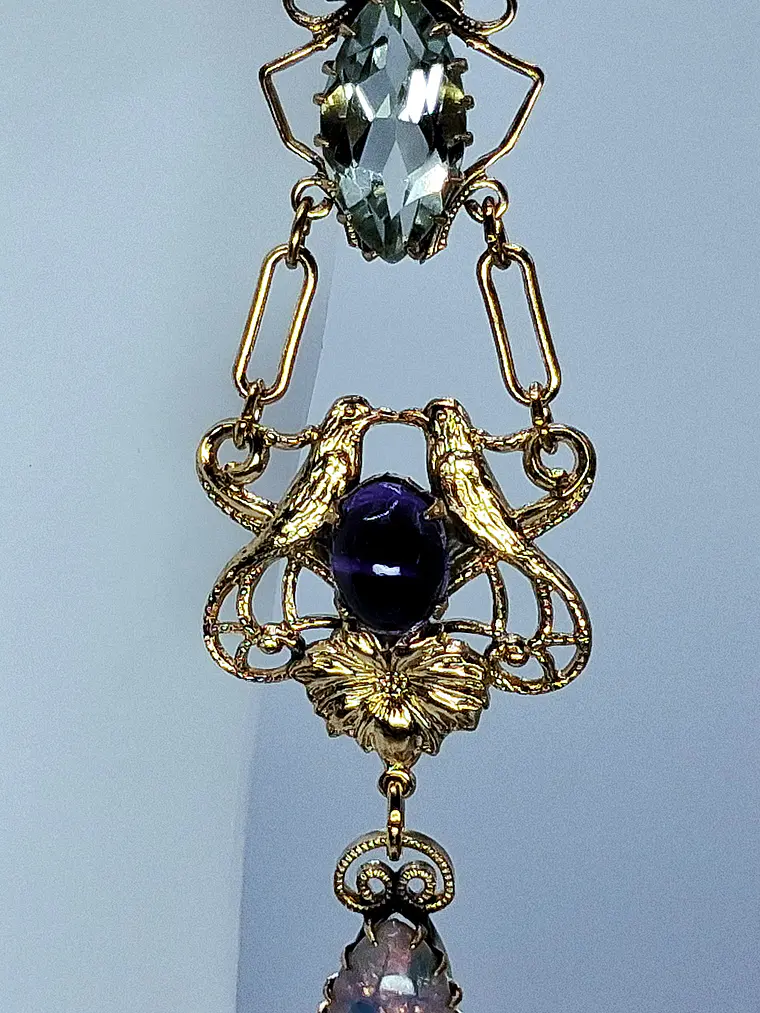 Victorian style Prasiolite, Opal and purple Amethyst lovebirds earrings -       #Be072 2