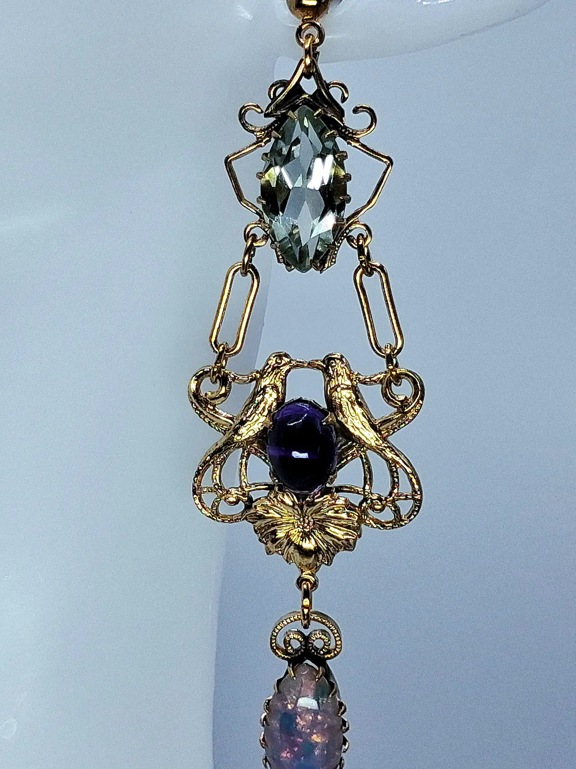 Victorian style Prasiolite, Opal and purple Amethyst lovebirds earrings -       #Be072 3