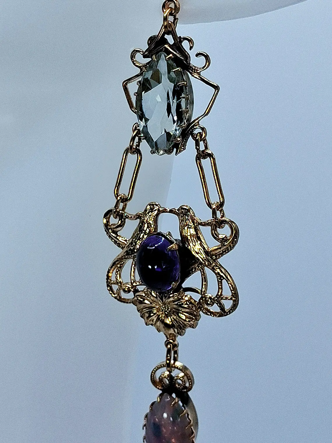 Victorian style Prasiolite, Opal and purple Amethyst lovebirds earrings -       #Be072 4