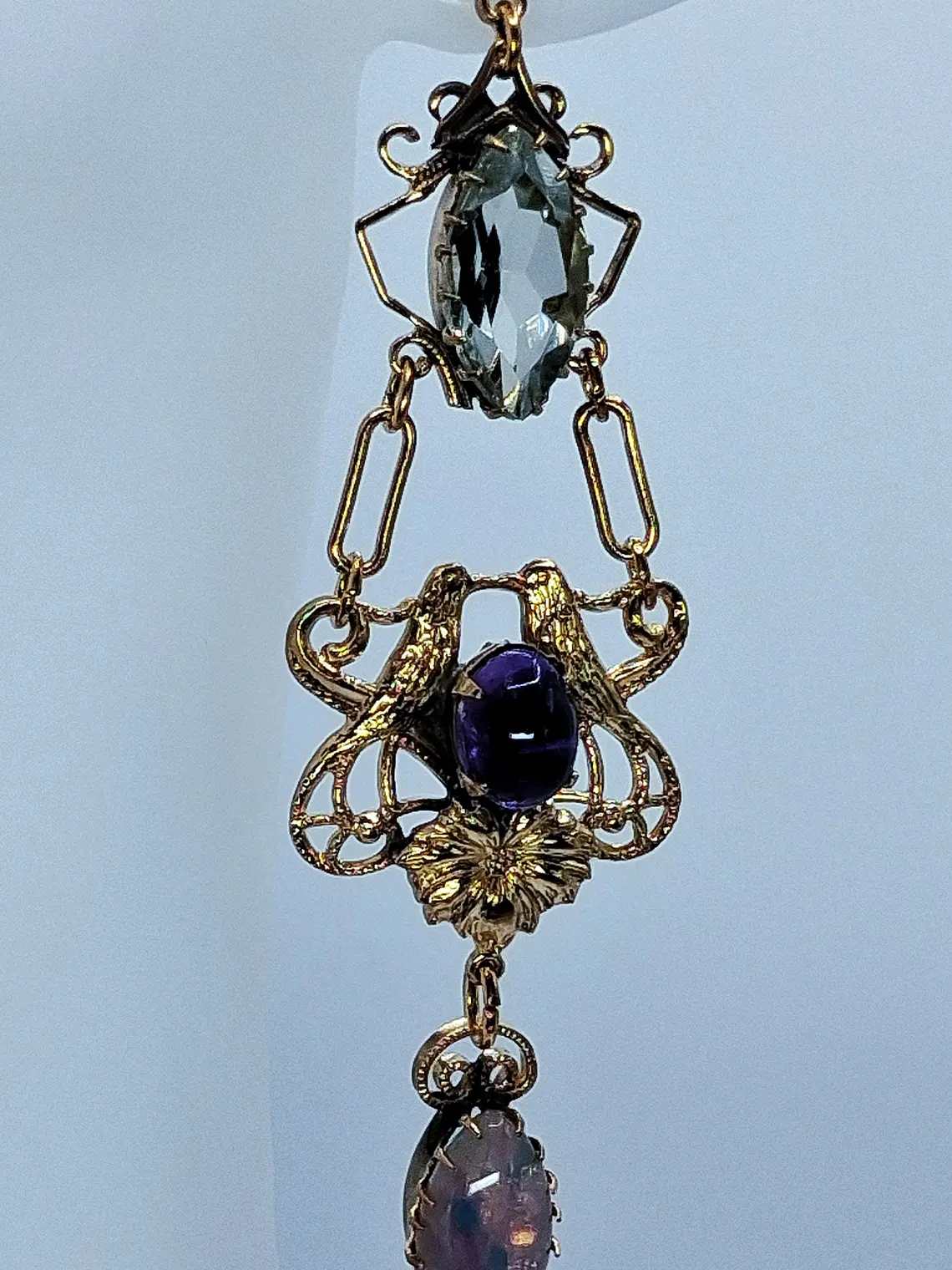 Victorian style Prasiolite, Opal and purple Amethyst lovebirds earrings -       #Be072 5