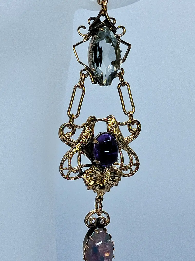 Victorian style Prasiolite, Opal and purple Amethyst lovebirds earrings -       #Be072 5
