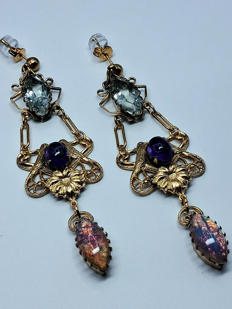 Victorian style Prasiolite, Opal and purple Amethyst lovebirds earrings -       #Be072 6