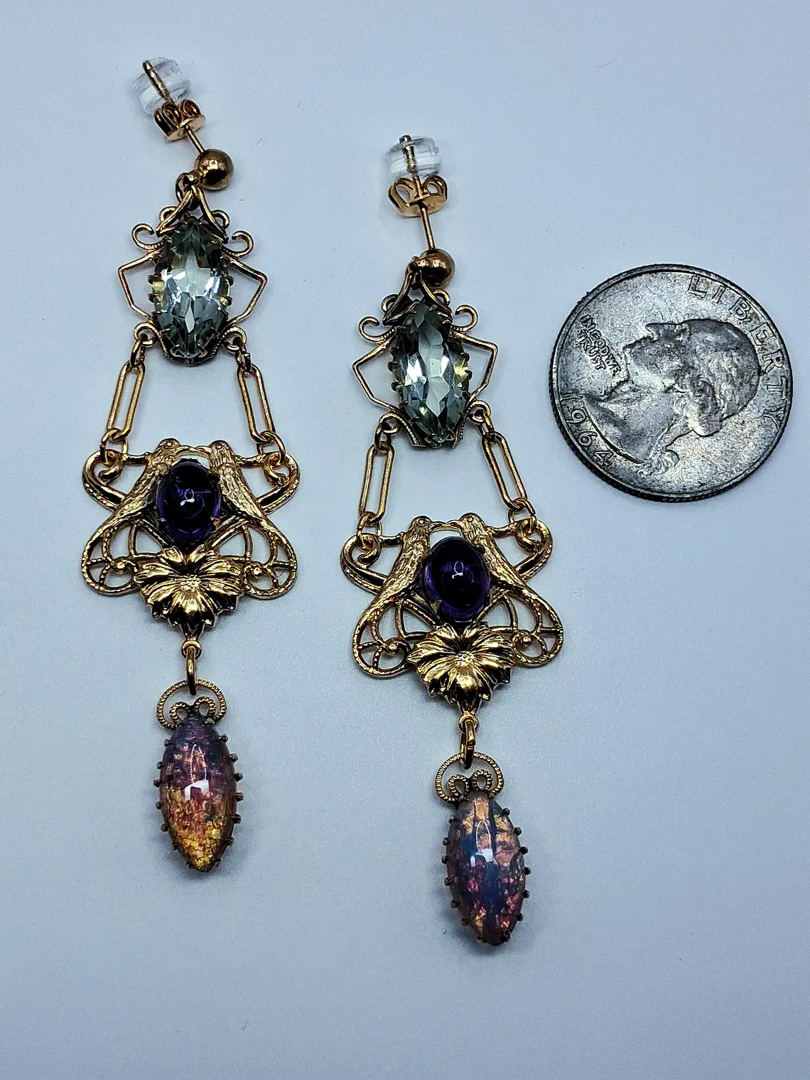 Victorian style Prasiolite, Opal and purple Amethyst lovebirds earrings -       #Be072 7
