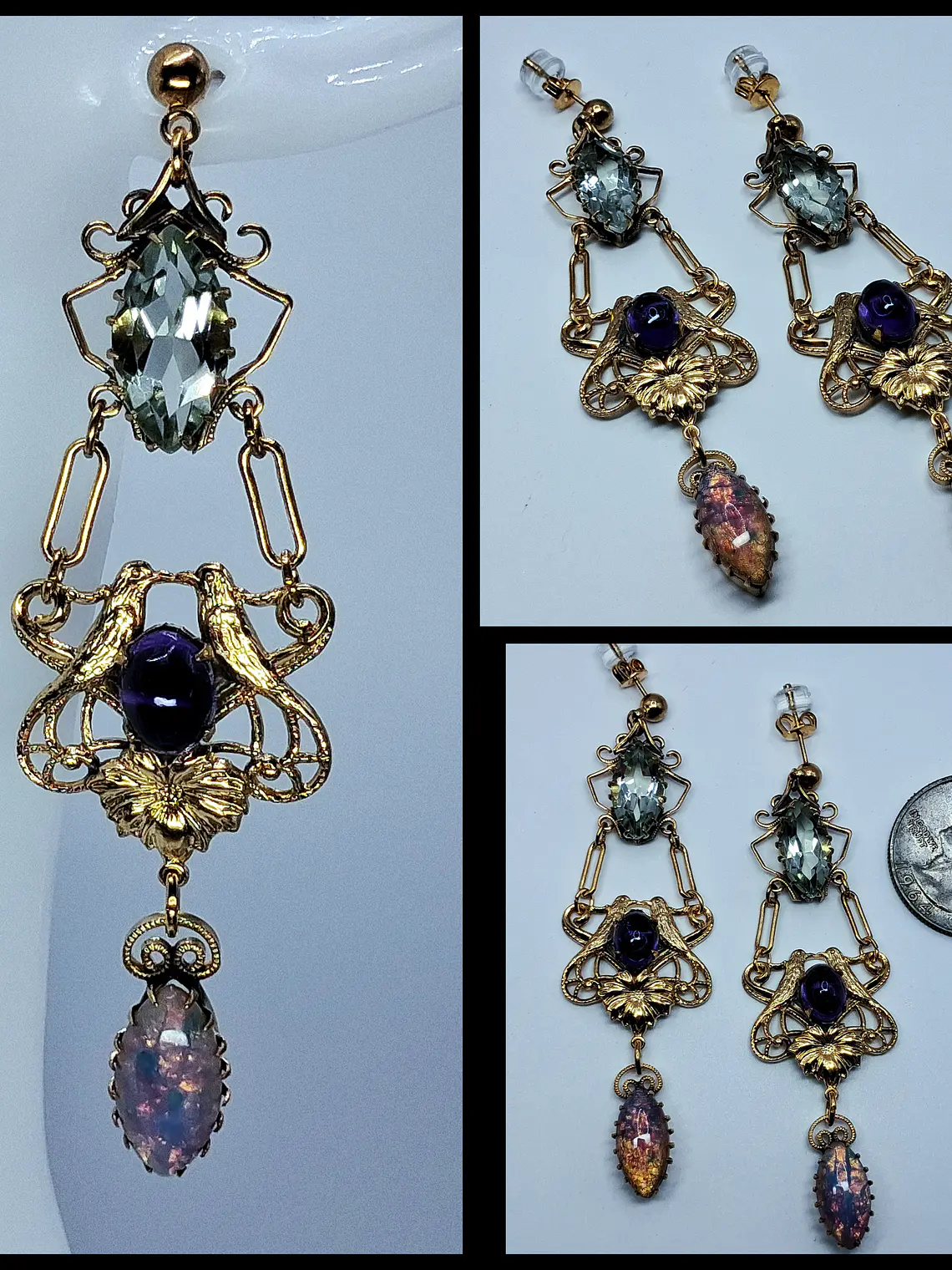 Victorian style Prasiolite, Opal and purple Amethyst lovebirds earrings -       #Be072 1