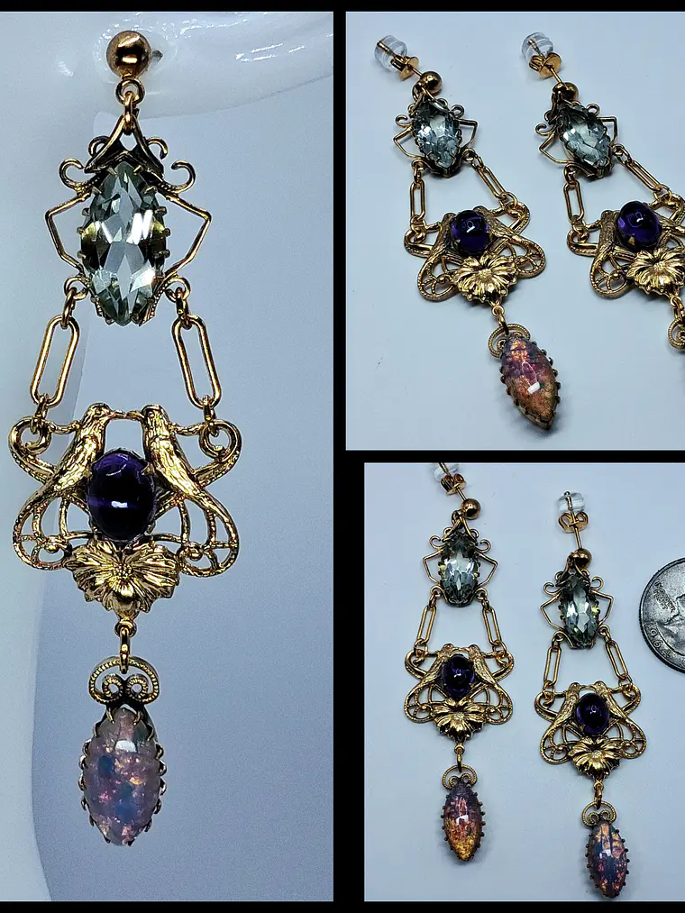 Victorian style Prasiolite, Opal and purple Amethyst lovebirds earrings -       #Be072 1