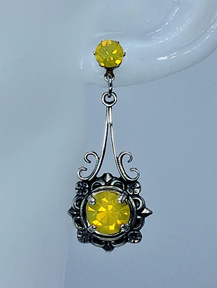 Stunning Art Deco style Yellow Opal Uranium glass earrings -           #Be074