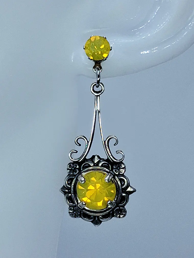 Stunning Art Deco style Yellow Opal Uranium glass earrings -           #Be074 1