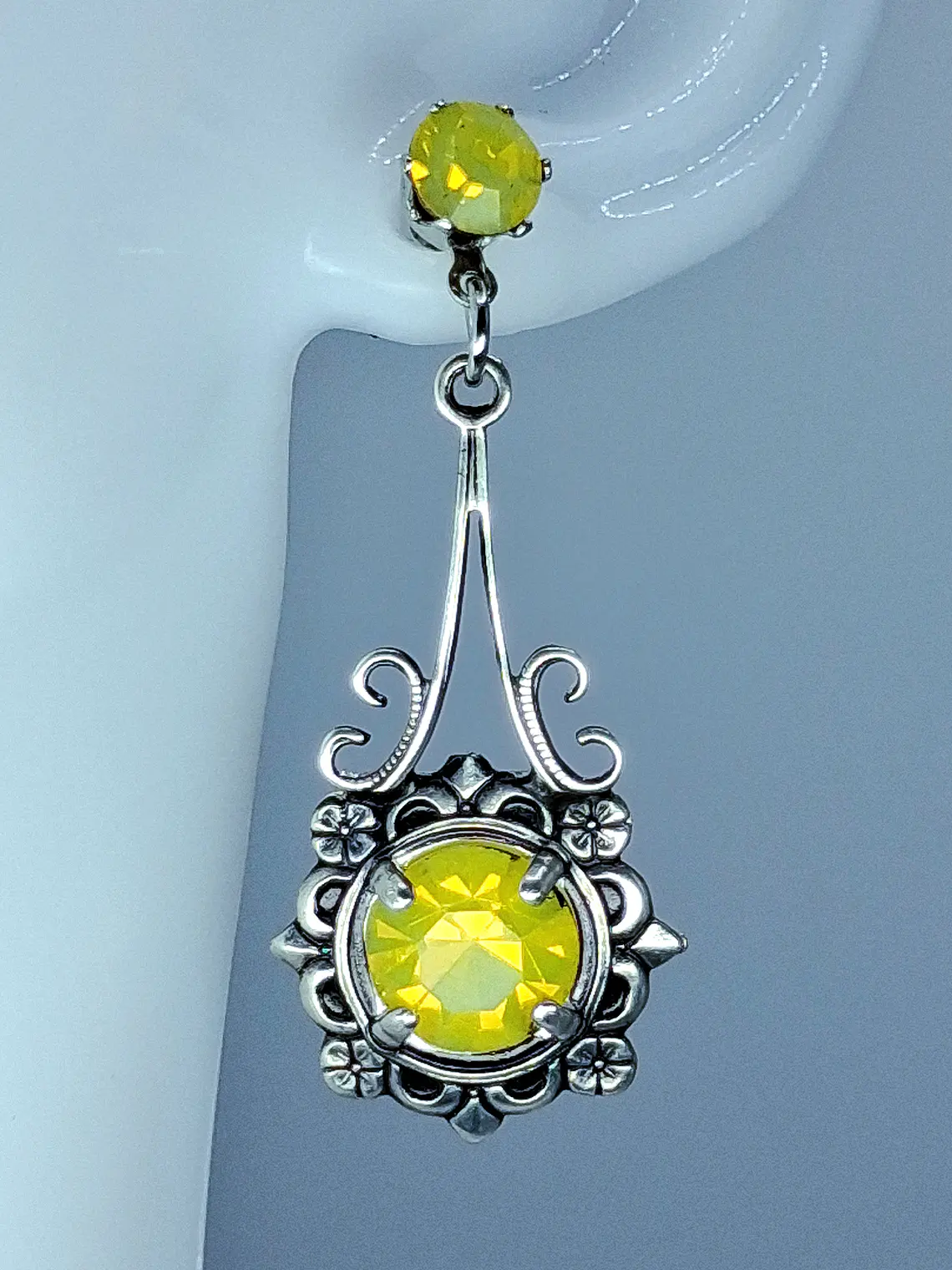 Stunning Art Deco style Yellow Opal Uranium glass earrings -           #Be074 3