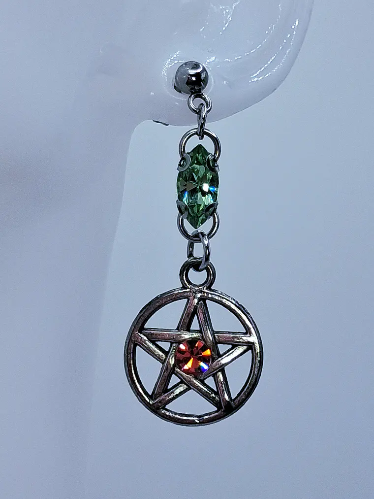 Gothic Pentagram earrings with Pink and Green Uranium glass -        #Be078 2
