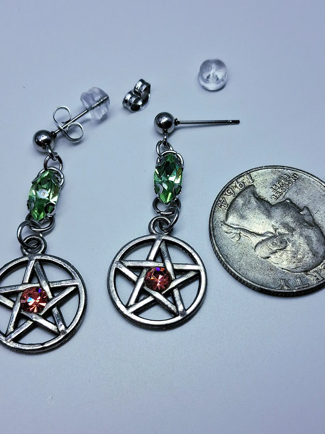 Gothic Pentagram earrings with Pink and Green Uranium glass -        #Be078 6