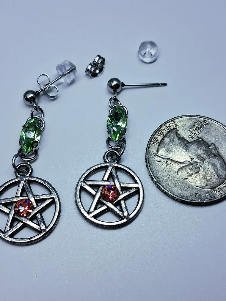Gothic Pentagram earrings with Pink and Green Uranium glass -        #Be078 6