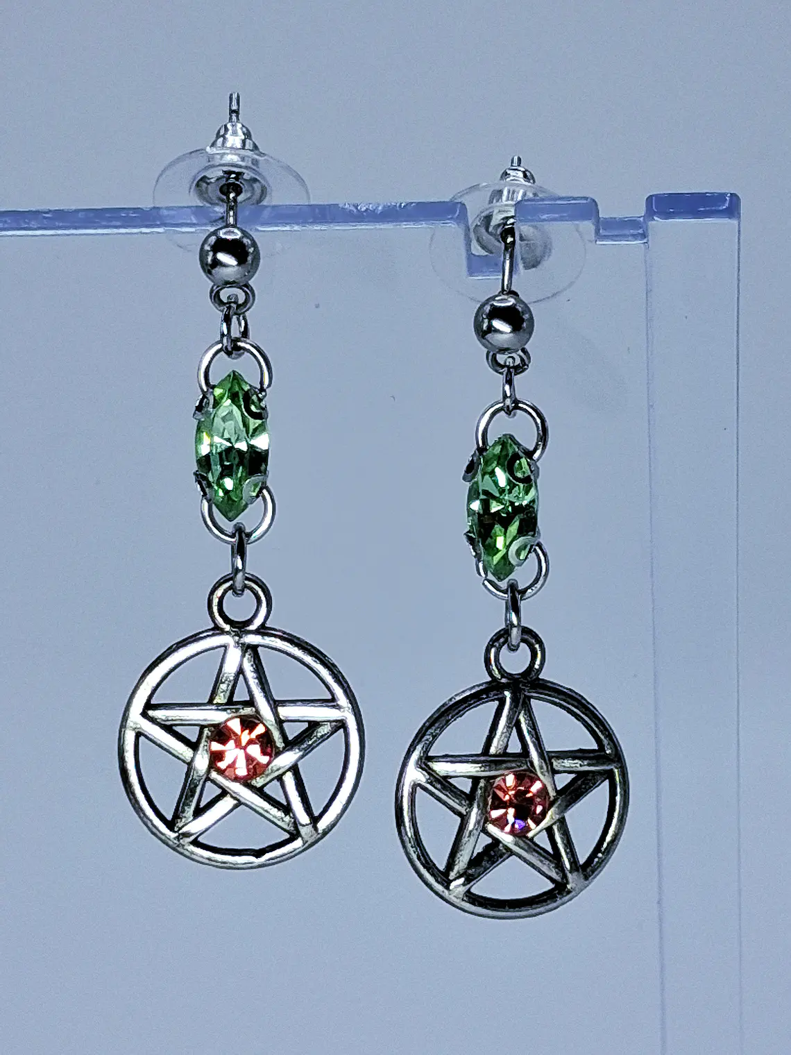 Gothic Pentagram earrings with Pink and Green Uranium glass -        #Be078 4
