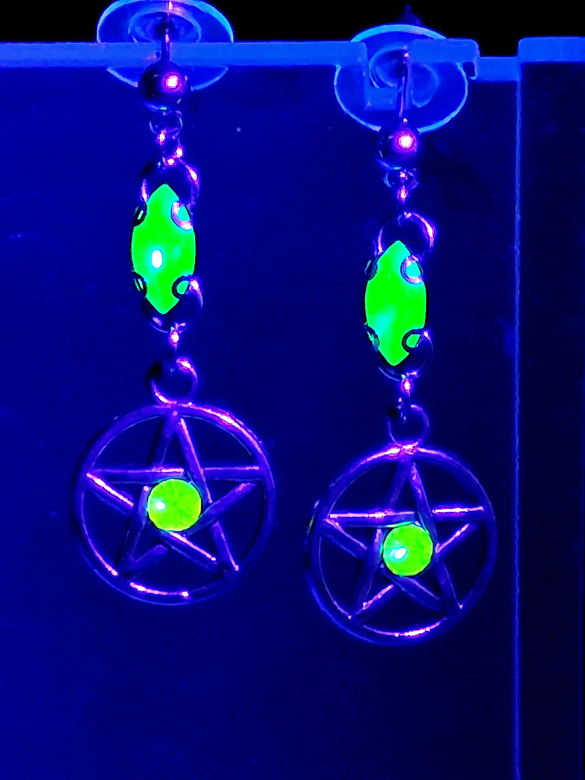 Gothic Pentagram earrings with Pink and Green Uranium glass -        #Be078 7