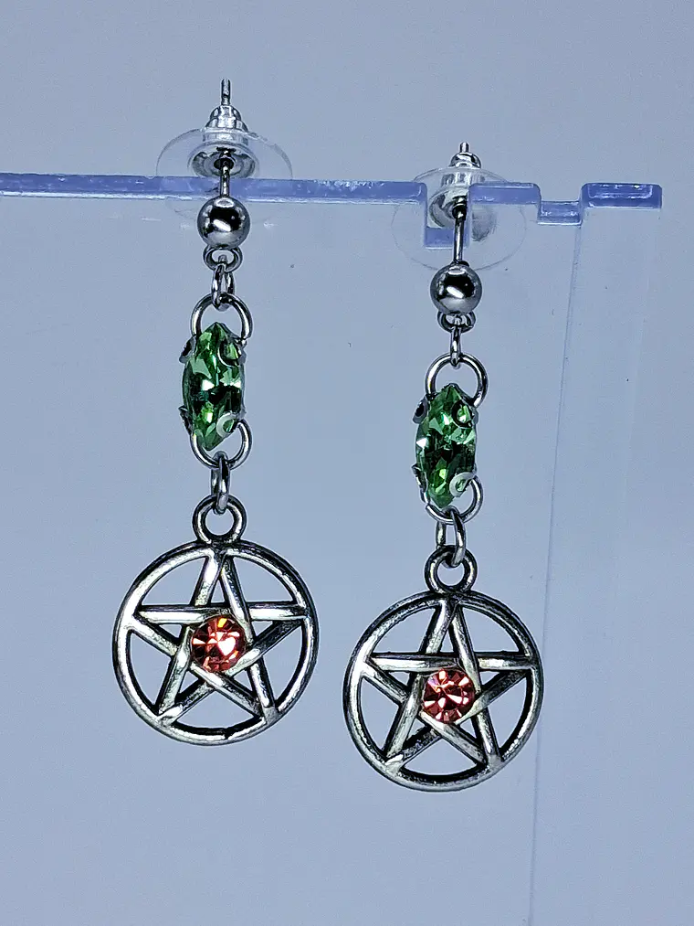 Gothic Pentagram earrings with Pink and Green Uranium glass -        #Be078 5