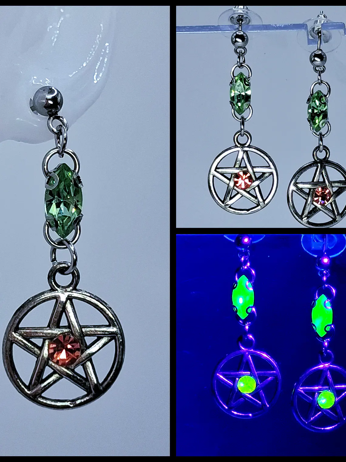 Gothic Pentagram earrings with Pink and Green Uranium glass -        #Be078 1