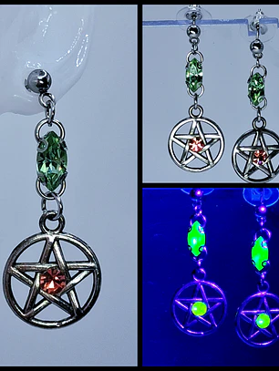 Gothic Pentagram earrings with Pink and Green Uranium glass -        #Be078