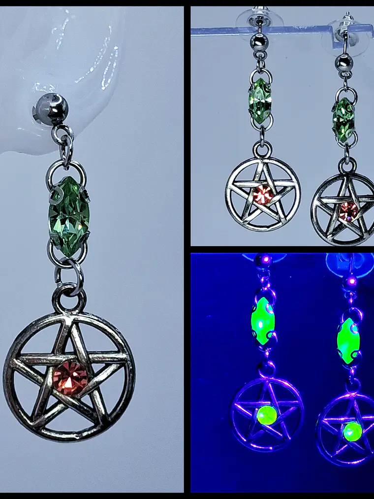 Gothic Pentagram earrings with Pink and Green Uranium glass -        #Be078 1