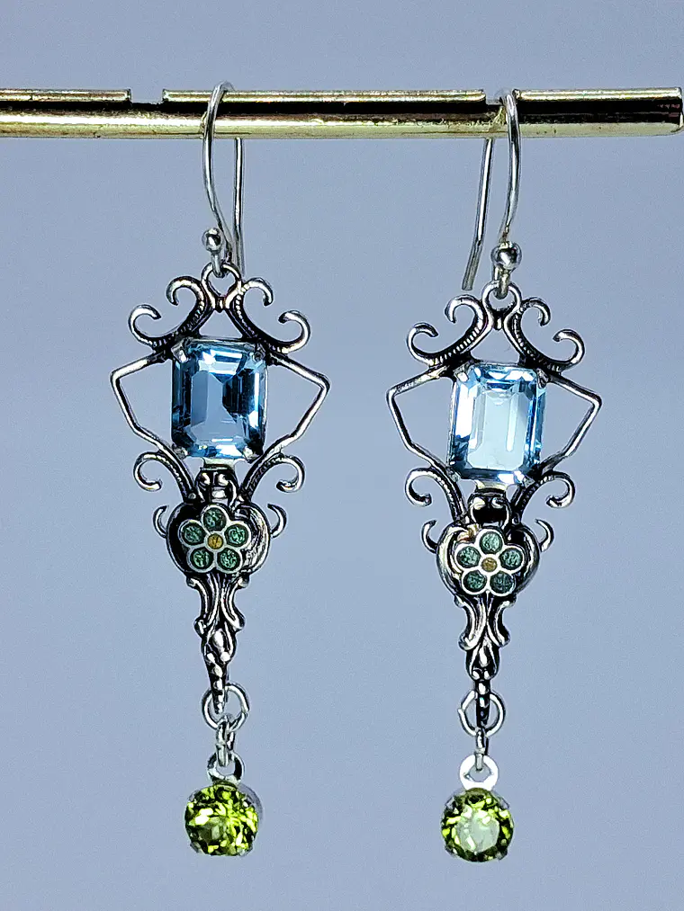 Stunning glass enamels and Genuine topaz and Peridot earrings -          #Be079 1