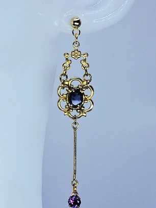 Victorian style, Long Iolite and amethyst earrings -         Be080