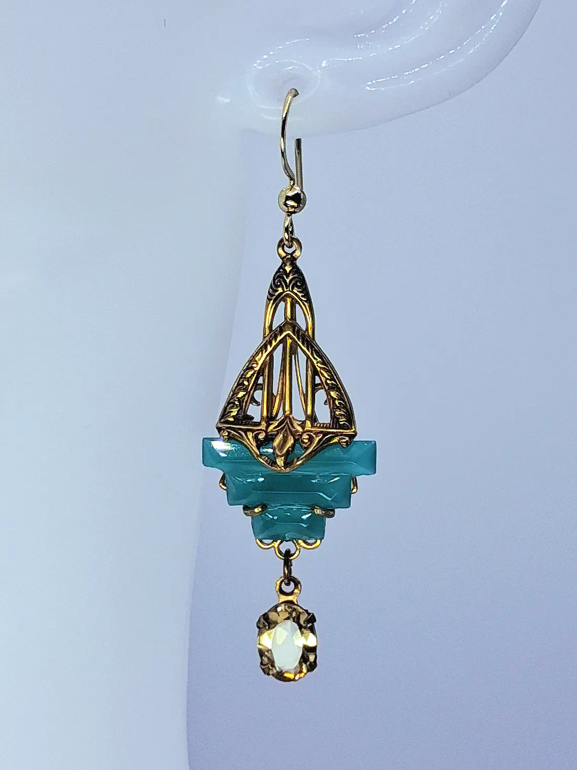 Art Deco Chrysoprase glass and natural citrine earrings -        #Be081 2