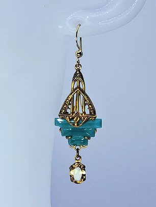 Art Deco Chrysoprase glass and natural citrine earrings -        #Be081
