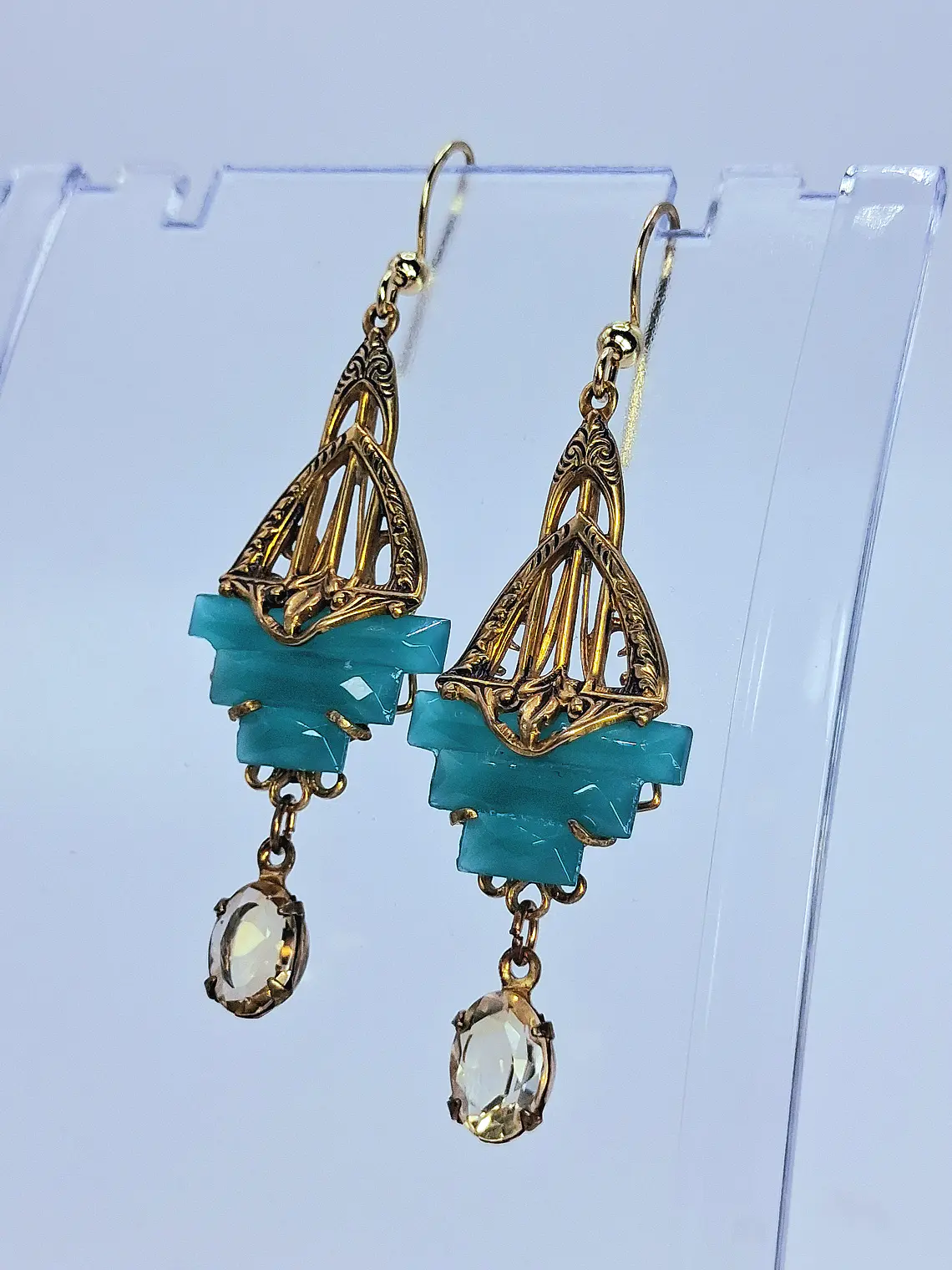 Art Deco Chrysoprase glass and natural citrine earrings -        #Be081 3