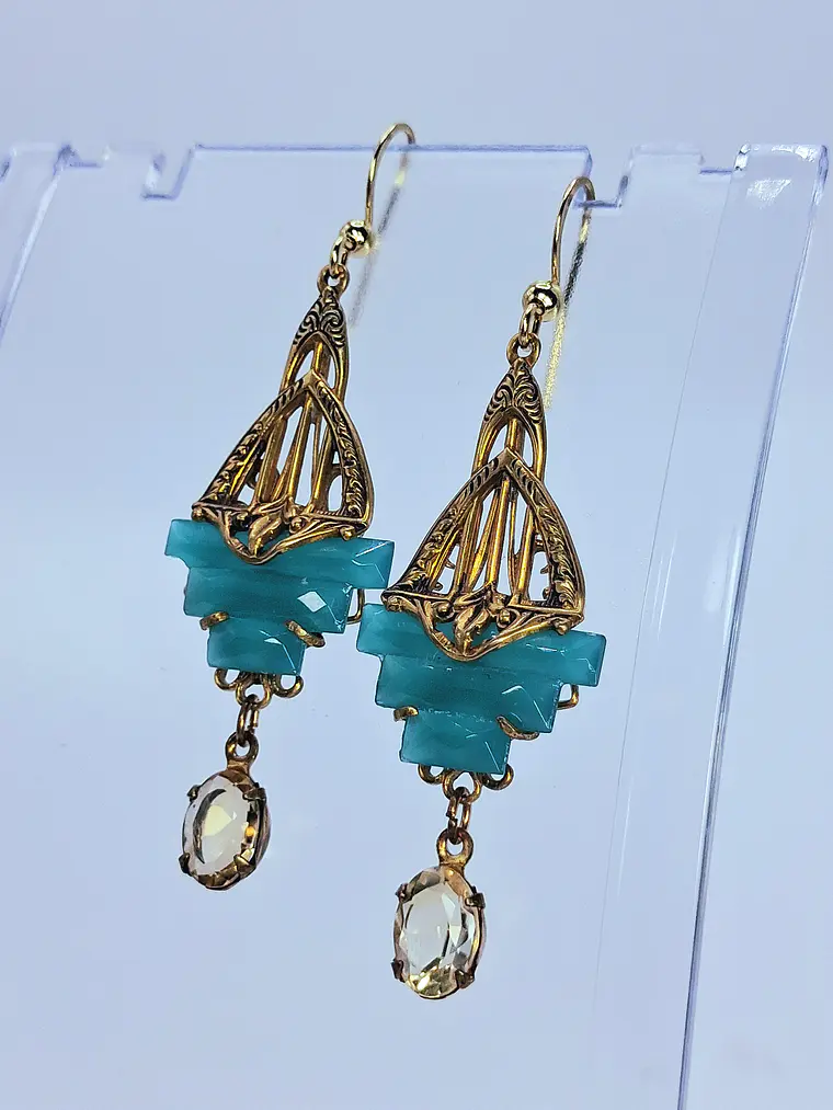 Art Deco Chrysoprase glass and natural citrine earrings -        #Be081 3