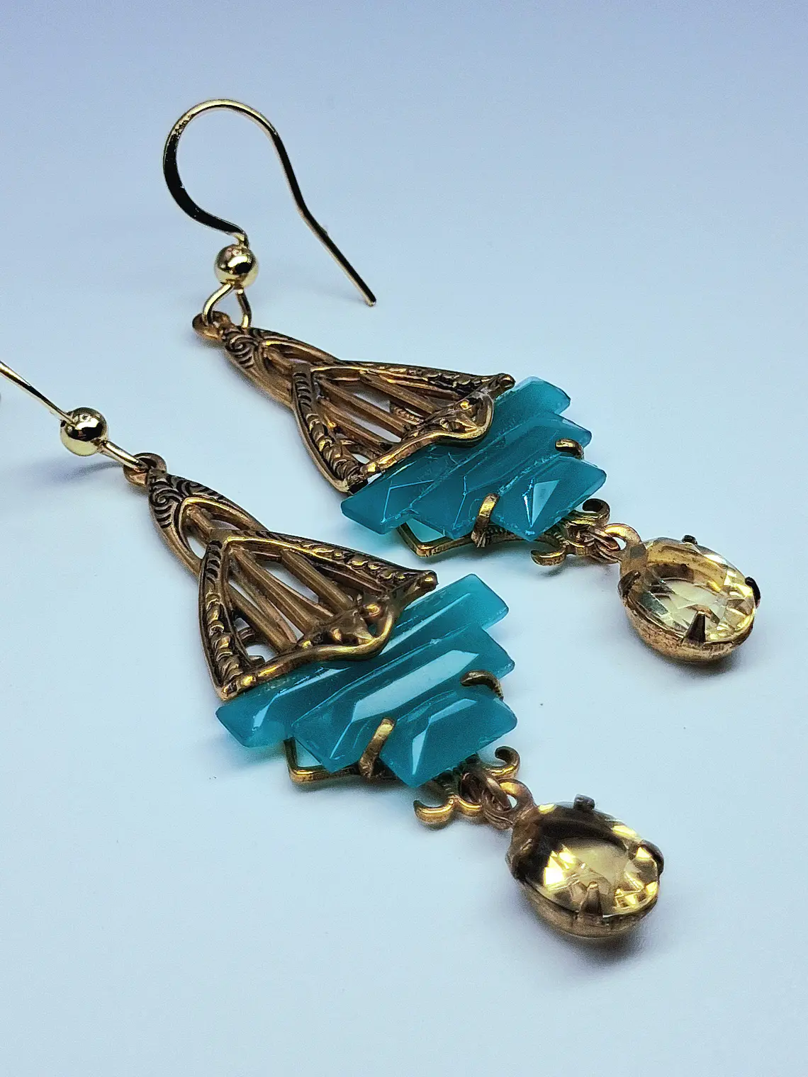 Art Deco Chrysoprase glass and natural citrine earrings -        #Be081 4