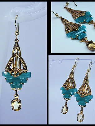 Art Deco Chrysoprase glass and natural citrine earrings -        #Be081