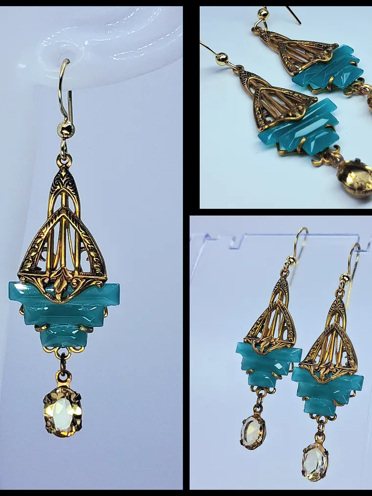 Art Deco Chrysoprase glass and natural citrine earrings -        #Be081 1