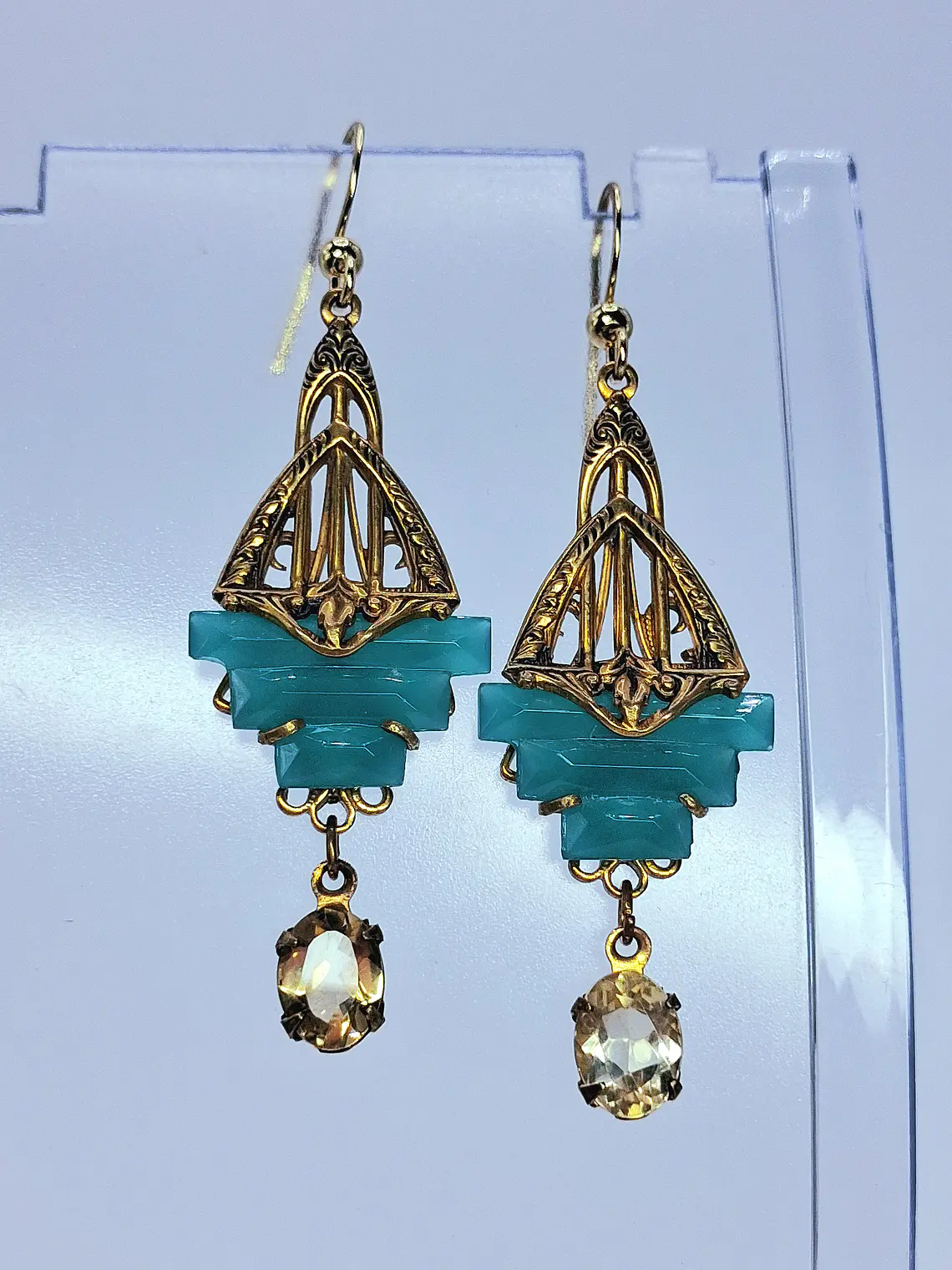 Art Deco Chrysoprase glass and natural citrine earrings -        #Be081 5