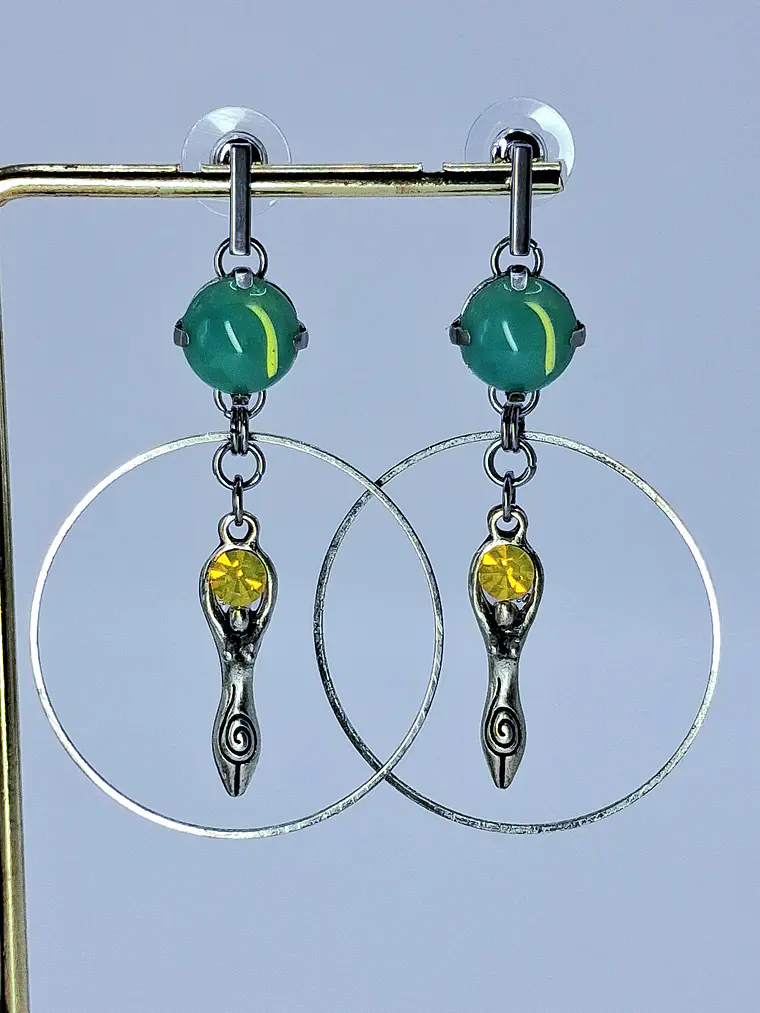 Moon Goddess Green and Yellow opal Uranium glass earrings -       #Be085 3